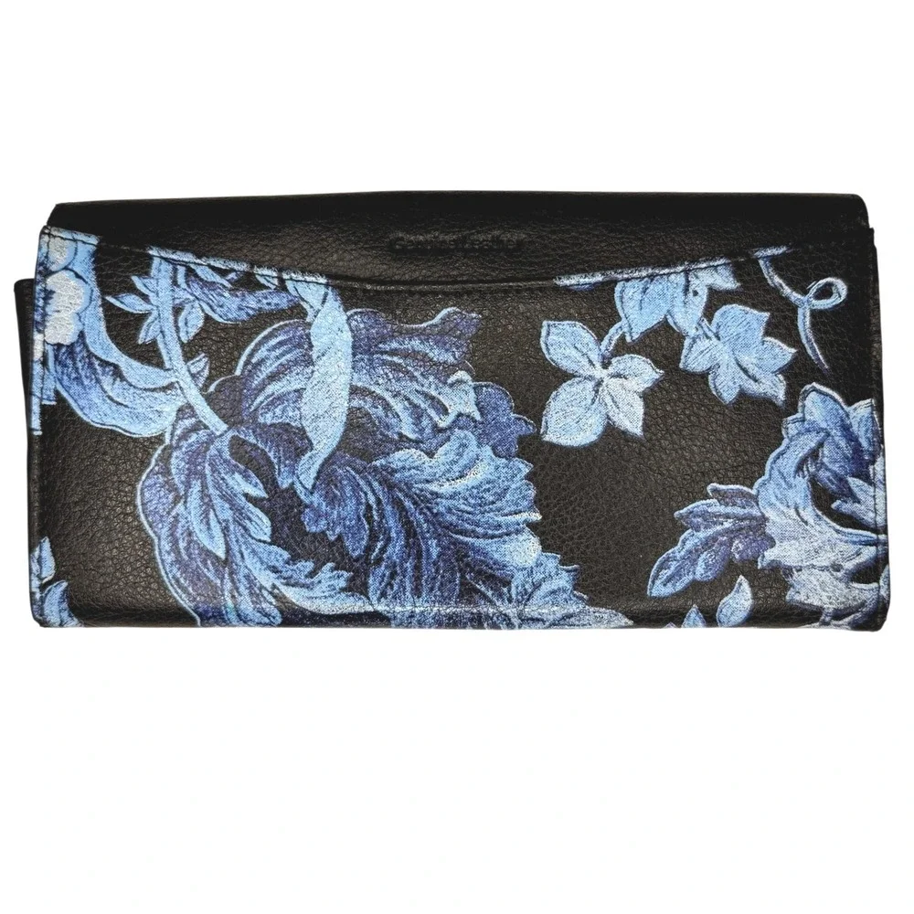 Osprey London Genuine Leather Wallet Clutch Blue Floral Print Snap‎ Closure